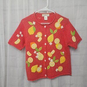 Susan Bristol Cardigan Red Embroidered Lemon Fruit Short Sleeve Tropical Retro M